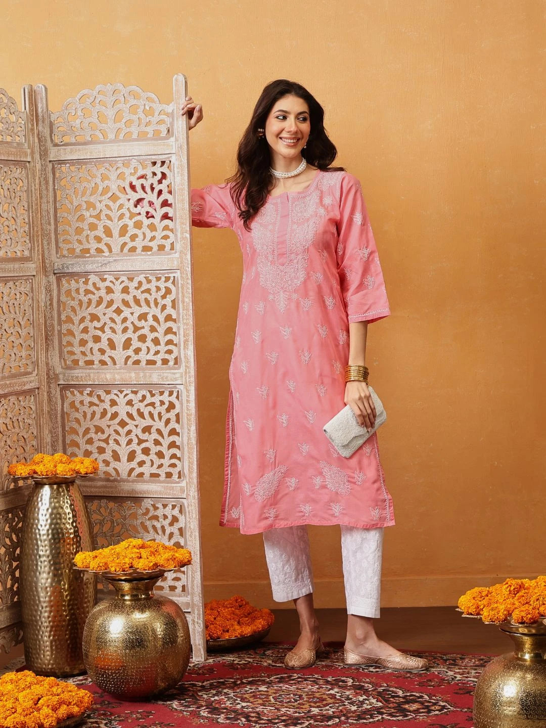 Ada Hand Embroidered Peach Cotton Lucknowi Chikankari straight Kurta A100291