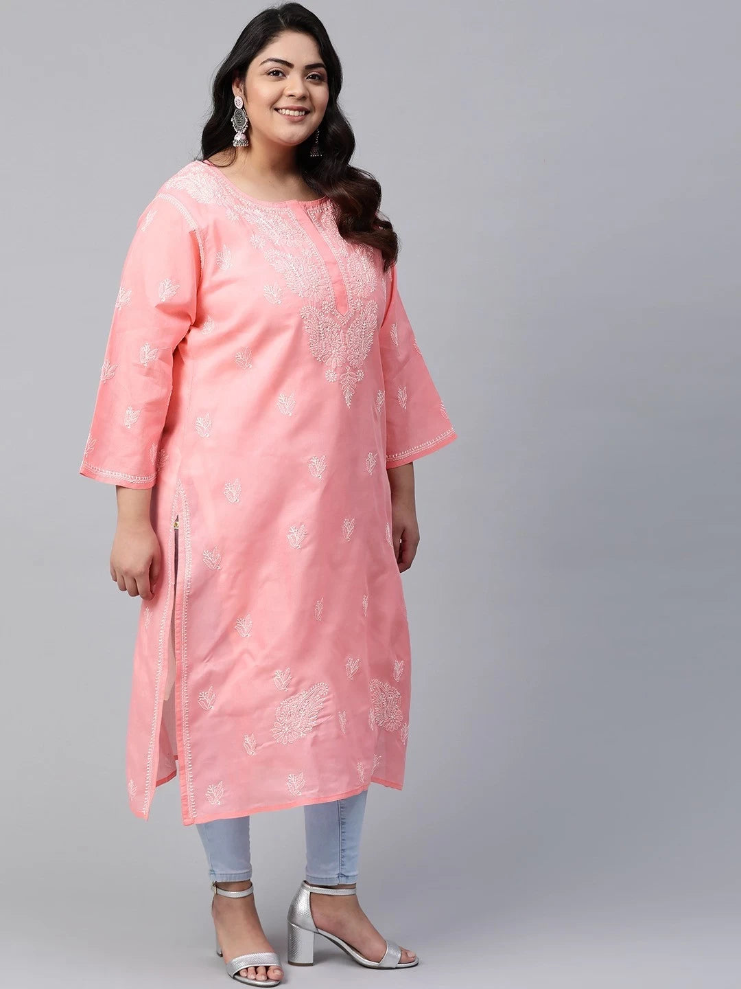 Ada Hand Embroidered Peach Cotton Lucknowi Chikankari straight Kurta A100291