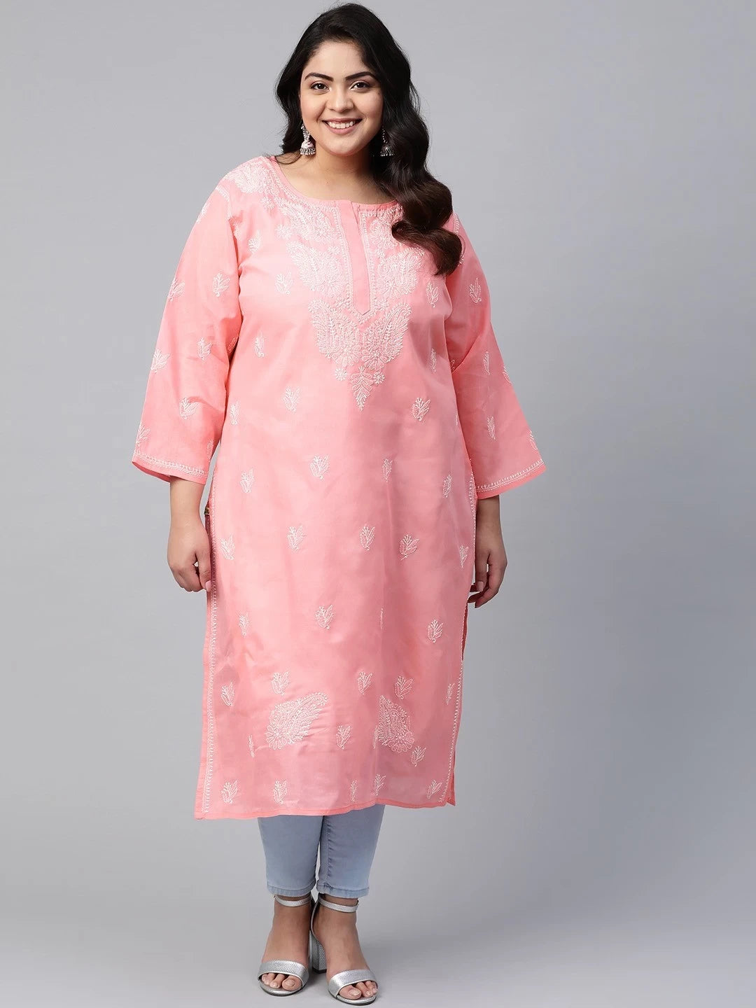 Ada Hand Embroidered Peach Cotton Lucknowi Chikankari straight Kurta A100291