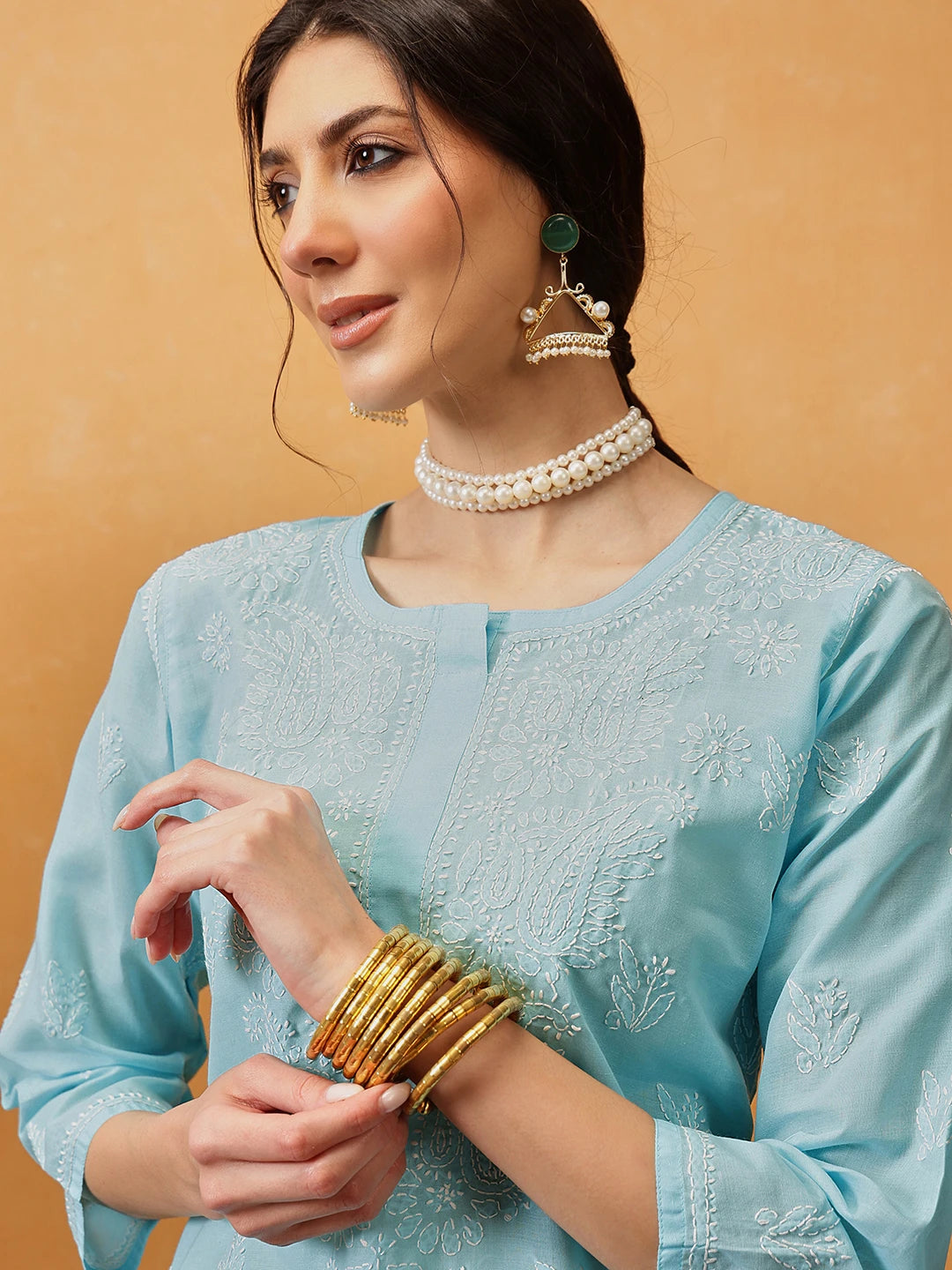 Ada Hand Embroidered Blue Cotton Lucknowi Chikankari Straight Kurta A133664