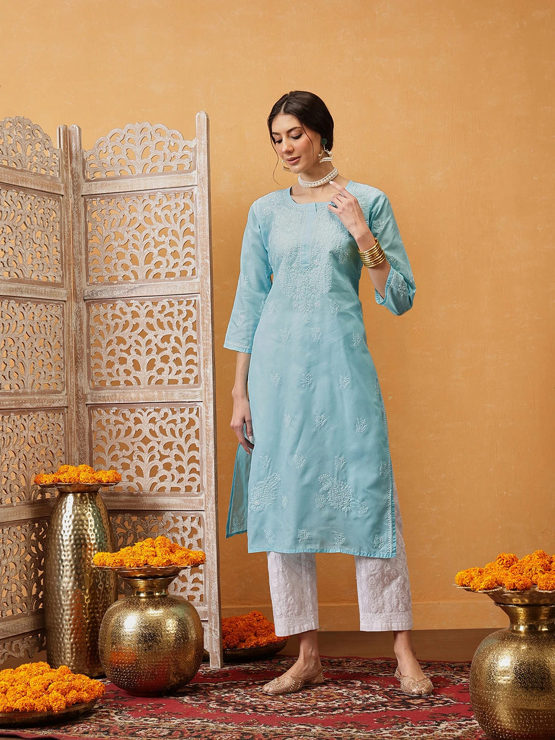 Ada Hand Embroidered Blue Cotton Lucknowi Chikankari Straight Kurta A133664