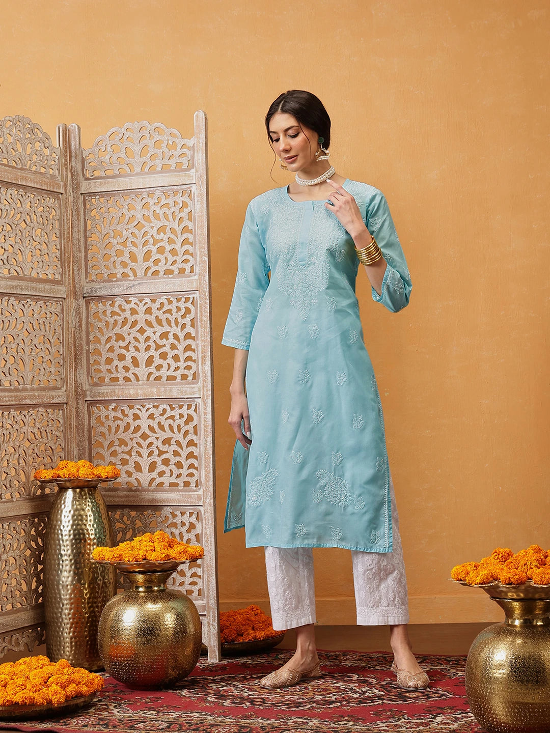 Ada Hand Embroidered Blue Cotton Lucknowi Chikankari Straight Kurta A133664