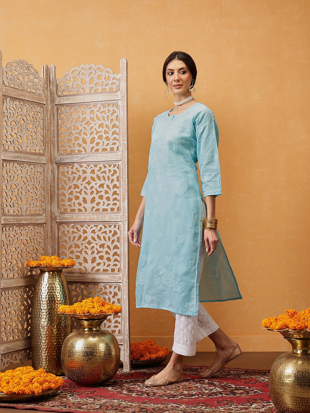 Ada Hand Embroidered Blue Cotton Lucknowi Chikankari Straight Kurta A133664