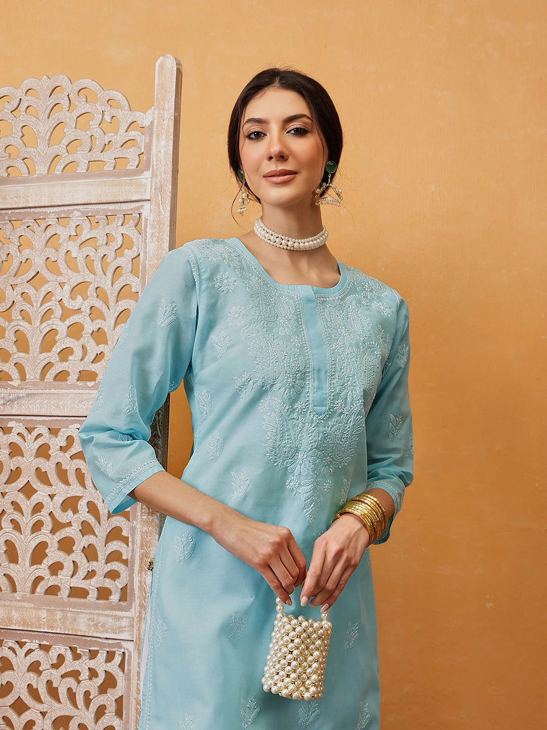 Ada Hand Embroidered Blue Cotton Lucknowi Chikankari Straight Kurta A133664