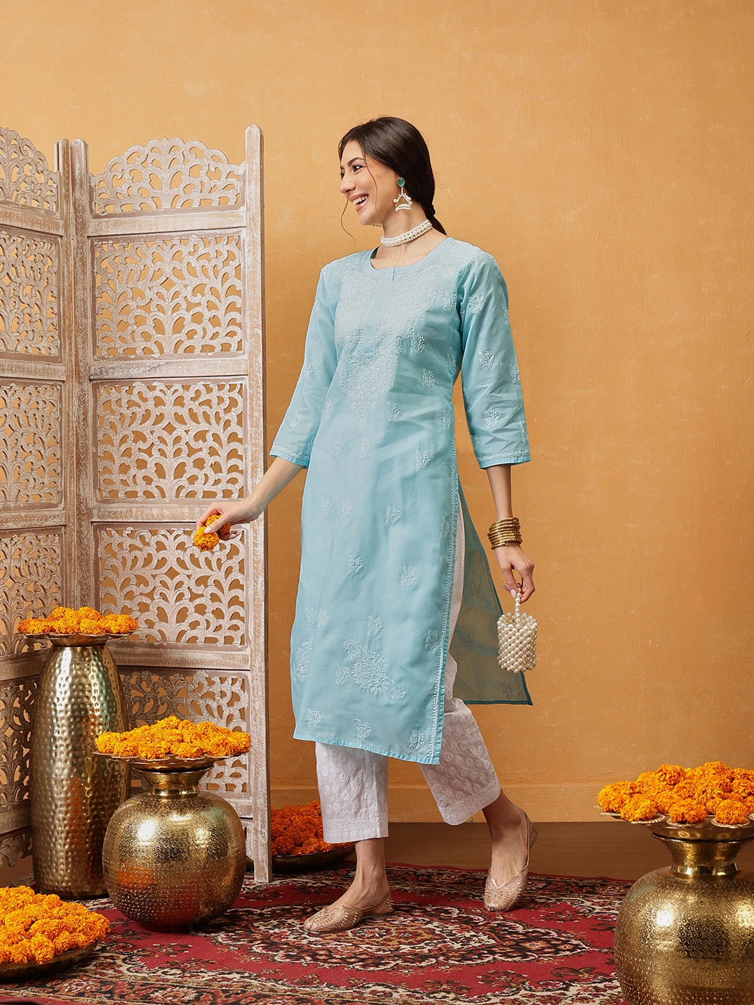 Ada Hand Embroidered Blue Cotton Lucknowi Chikankari Straight Kurta A133664