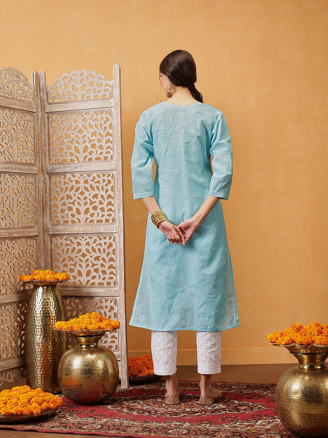 Ada Hand Embroidered Blue Cotton Lucknowi Chikankari Straight Kurta A133664