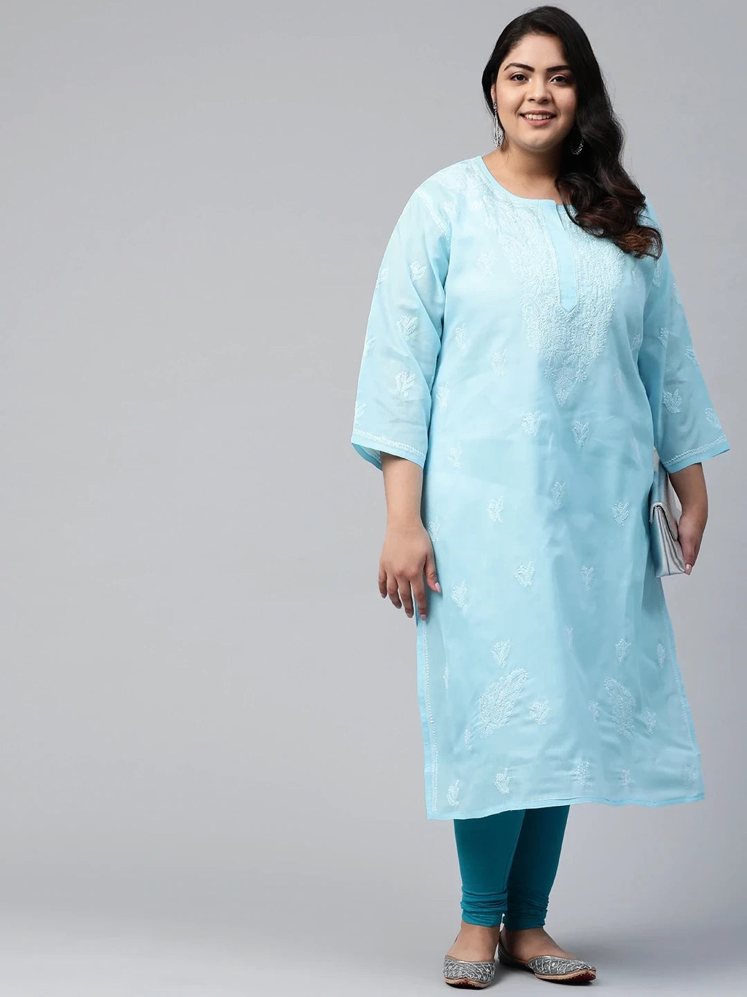 Ada Hand Embroidered Blue Cotton Lucknowi Chikankari Straight Kurta A133664