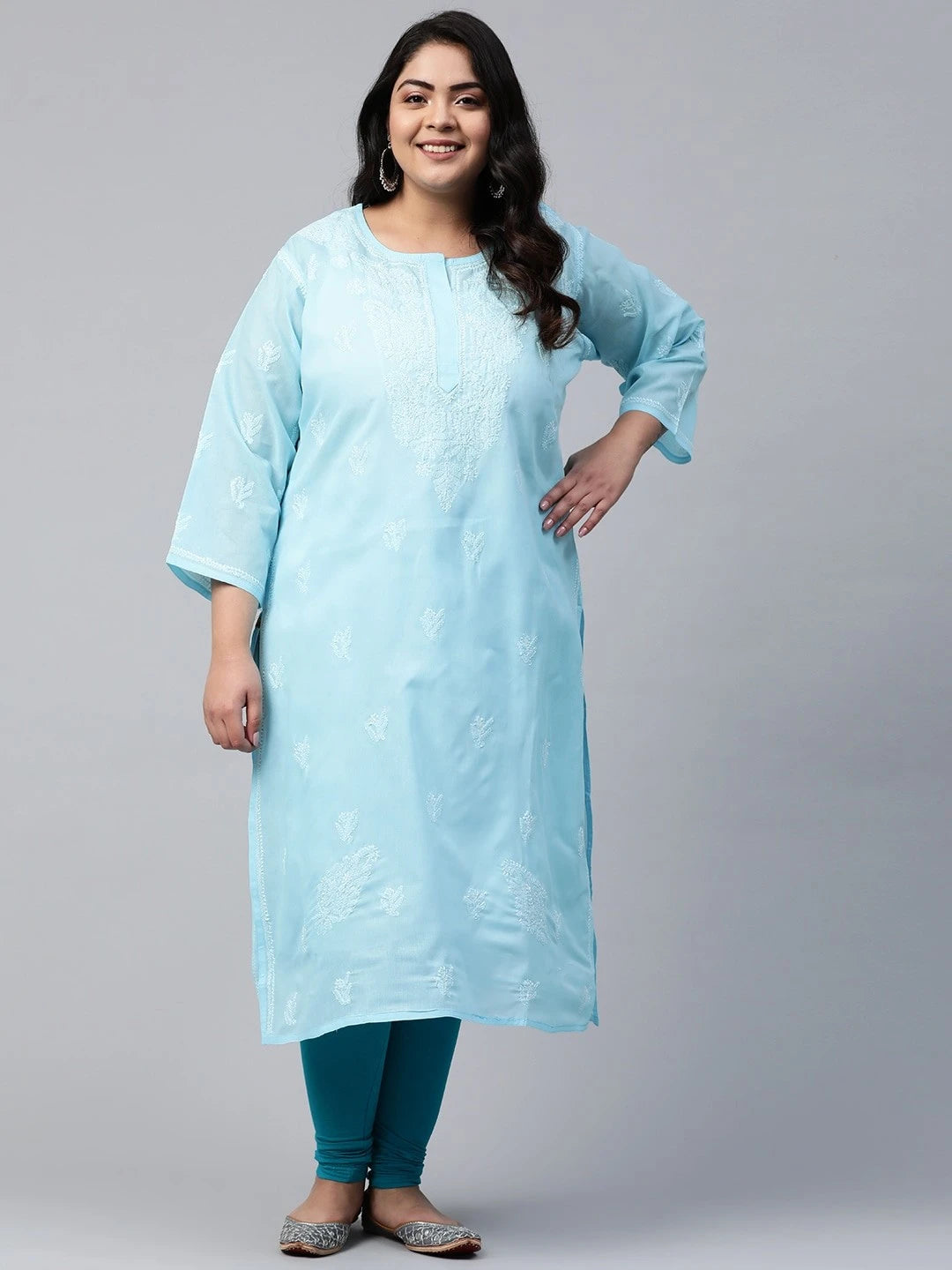 Ada Hand Embroidered Blue Cotton Lucknowi Chikankari Straight Kurta A133664