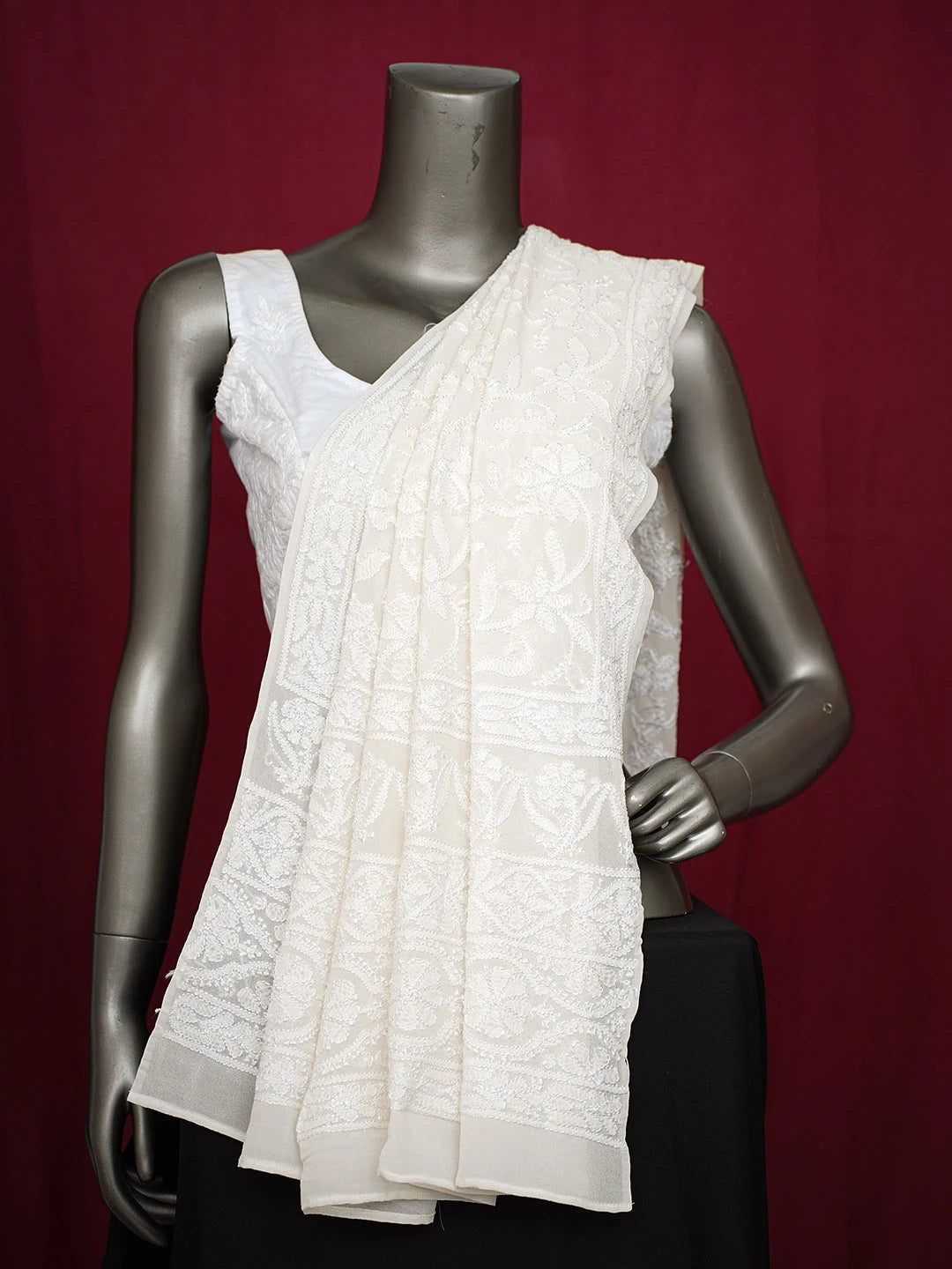 Ada Hand Embroidered Ivory White Pure Georgette Lucknowi Chikankari Dupatta 01A676938