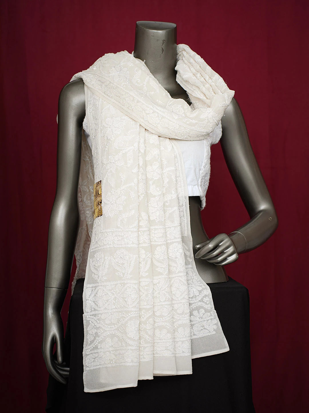 Ada Hand Embroidered Ivory White Pure Georgette Lucknowi Chikankari Dupatta 01A676938