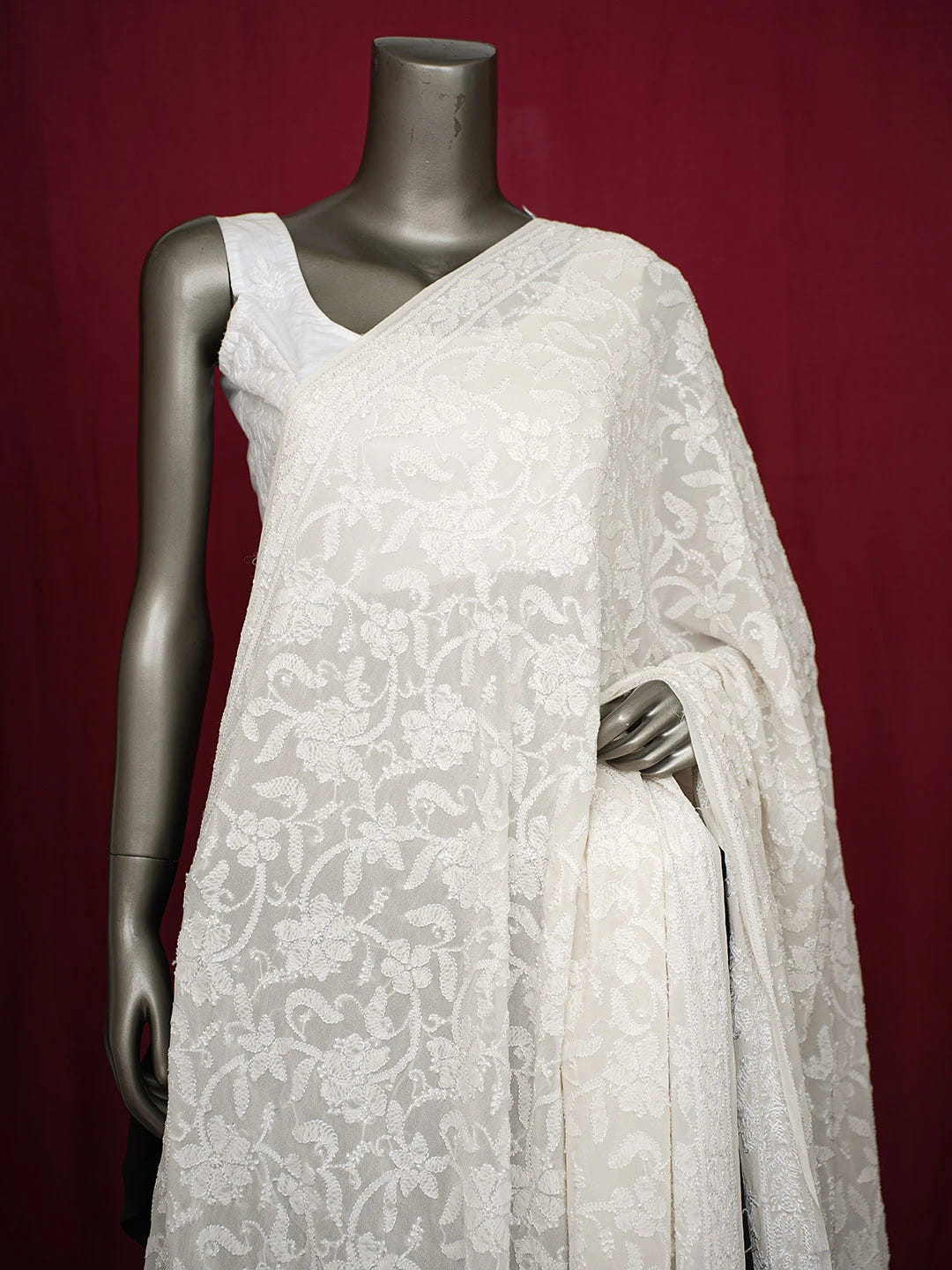 Ada Hand Embroidered Ivory White Pure Georgette Lucknowi Chikankari Dupatta 01A676938