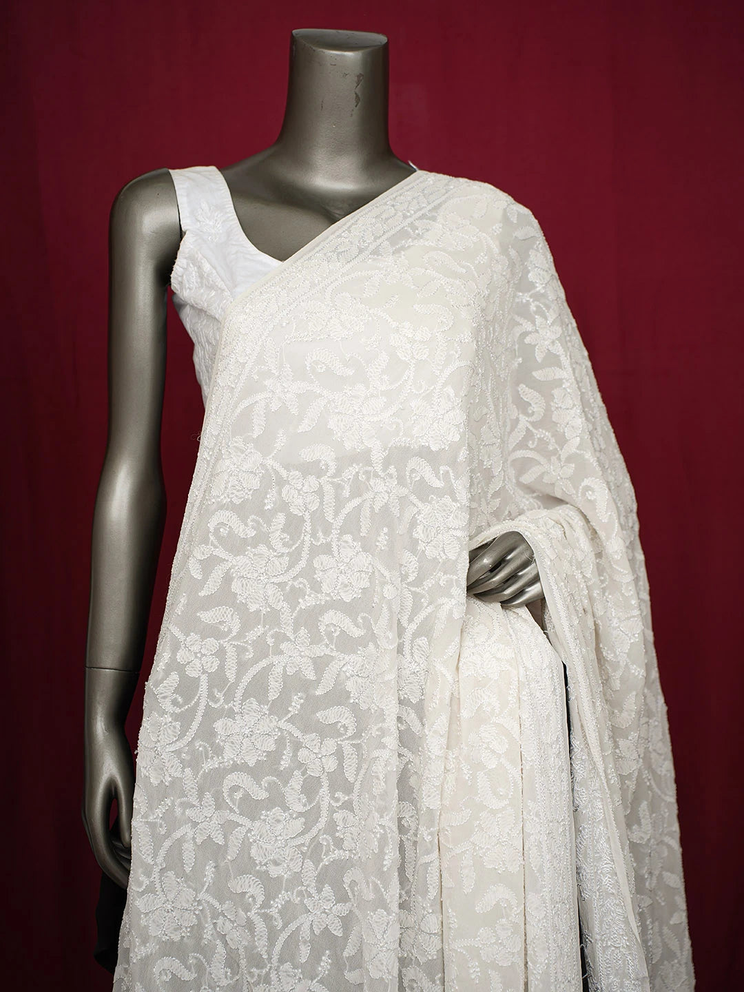 Ada Hand Embroidered Ivory White Pure Georgette Lucknowi Chikankari Dupatta 01A676938