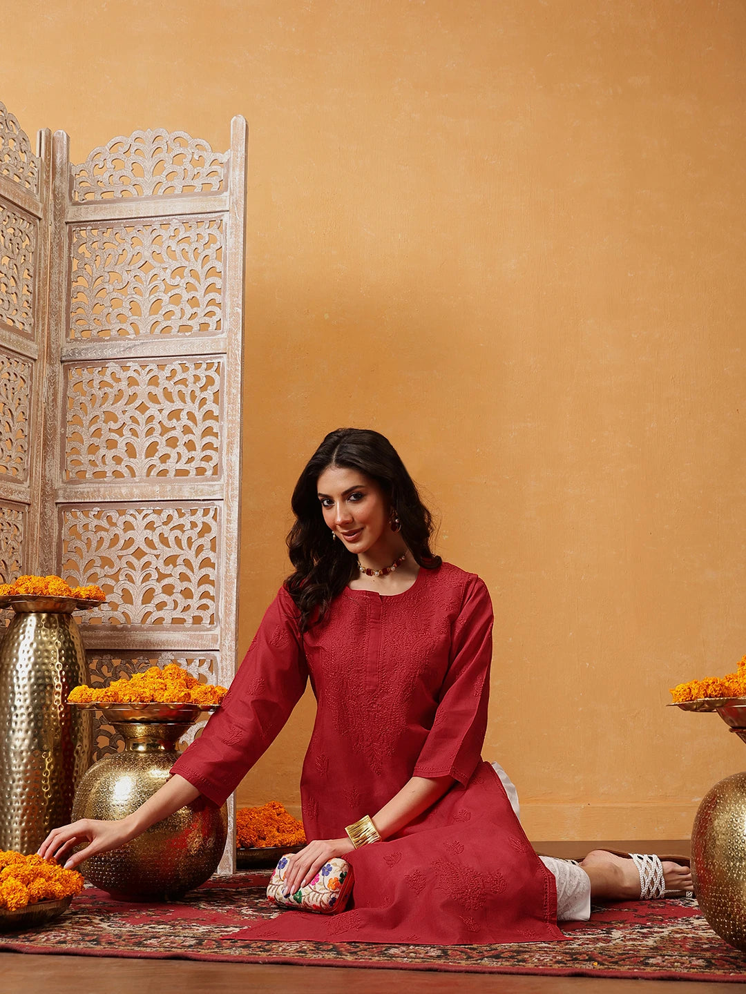 Ada Hand Embroidered Red Cotton Lucknowi Chikankari Kurta A215235