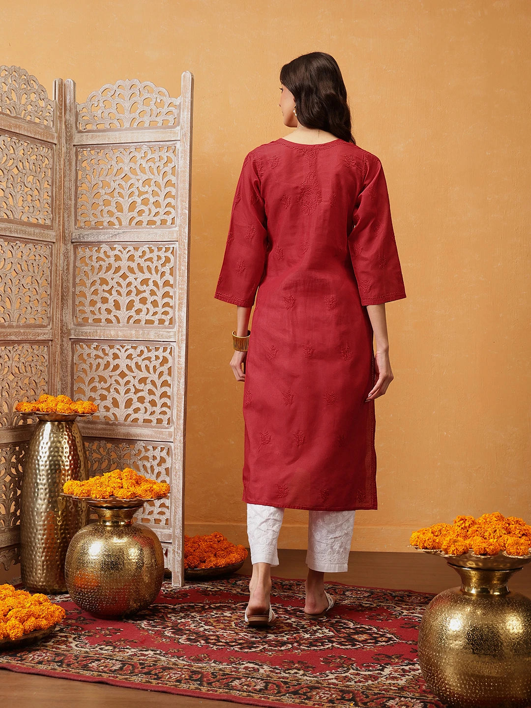 Ada Hand Embroidered Red Cotton Lucknowi Chikankari Kurta A215235