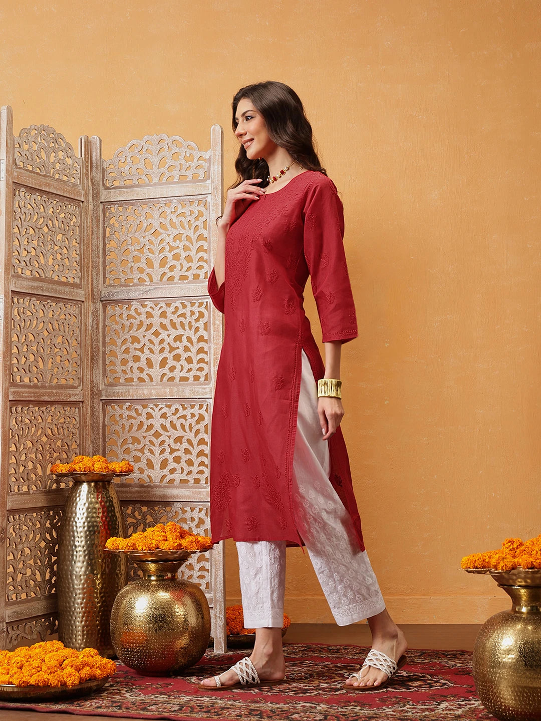 Ada Hand Embroidered Red Cotton Lucknowi Chikankari Kurta A215235