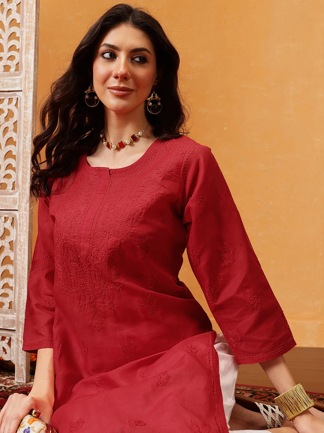 Ada Hand Embroidered Red Cotton Lucknowi Chikankari Kurta A215235