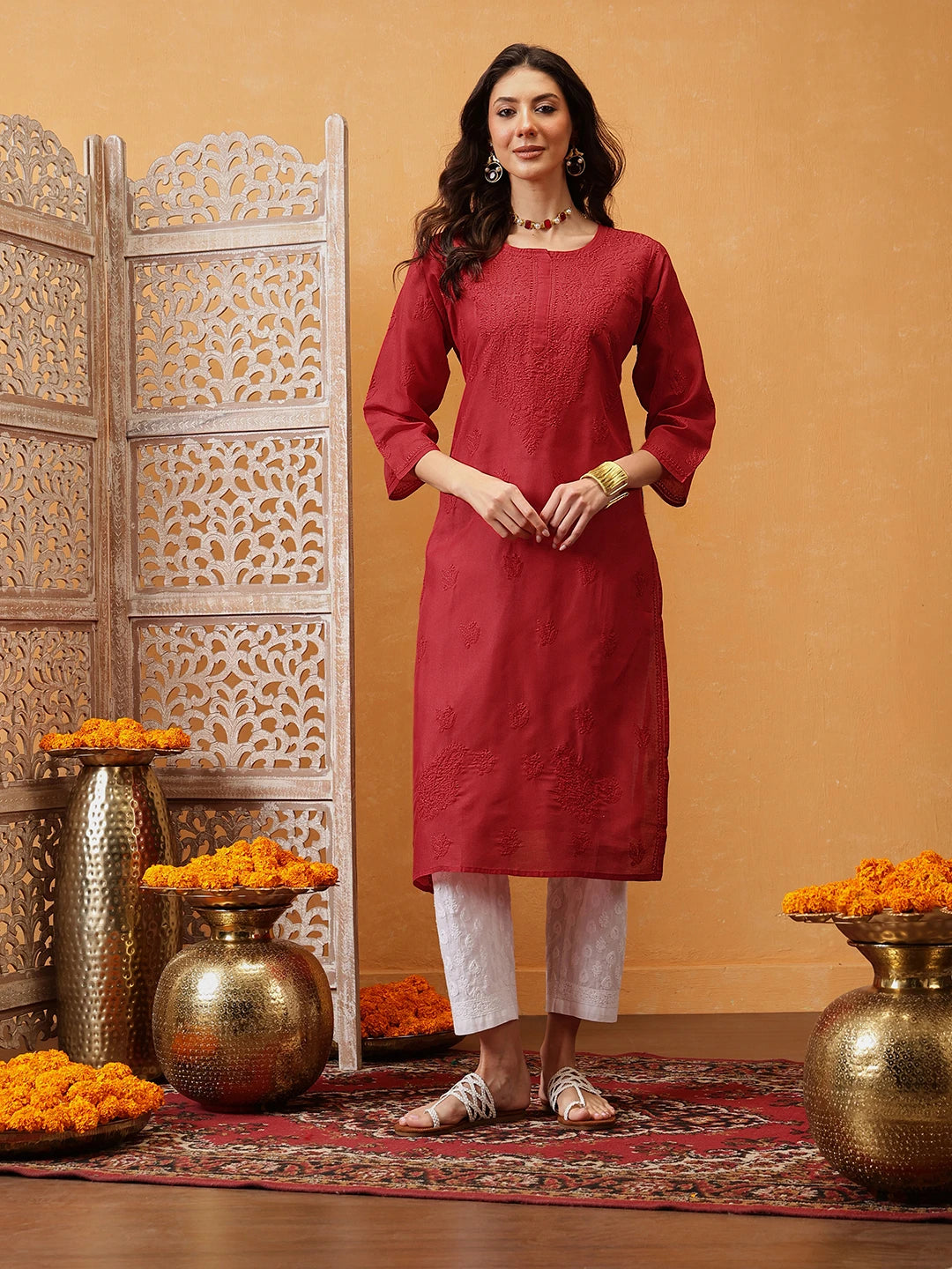 Ada Hand Embroidered Red Cotton Lucknowi Chikankari Kurta A215235