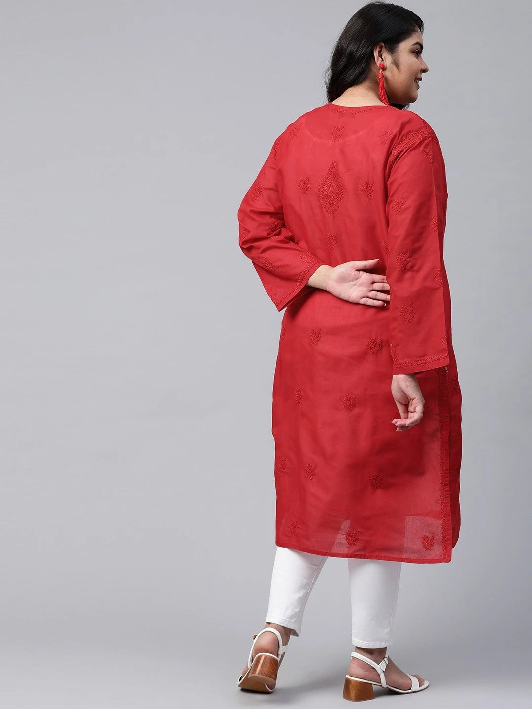 Ada Hand Embroidered Red Cotton Lucknowi Chikankari Kurta A215235