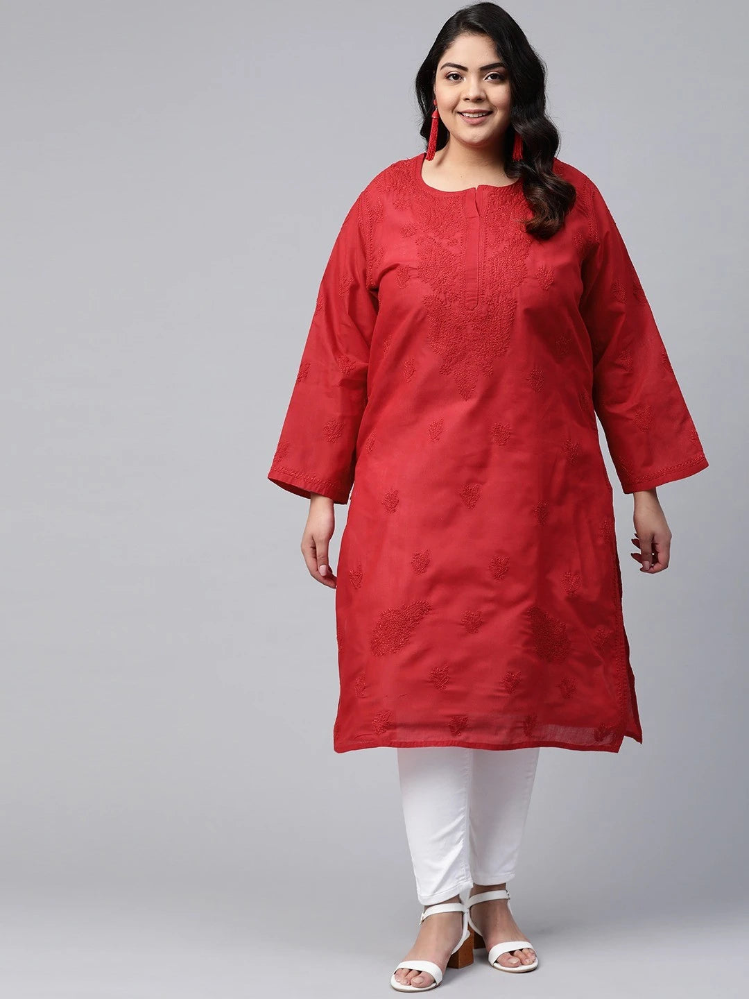 Ada Hand Embroidered Red Cotton Lucknowi Chikankari Kurta A215235