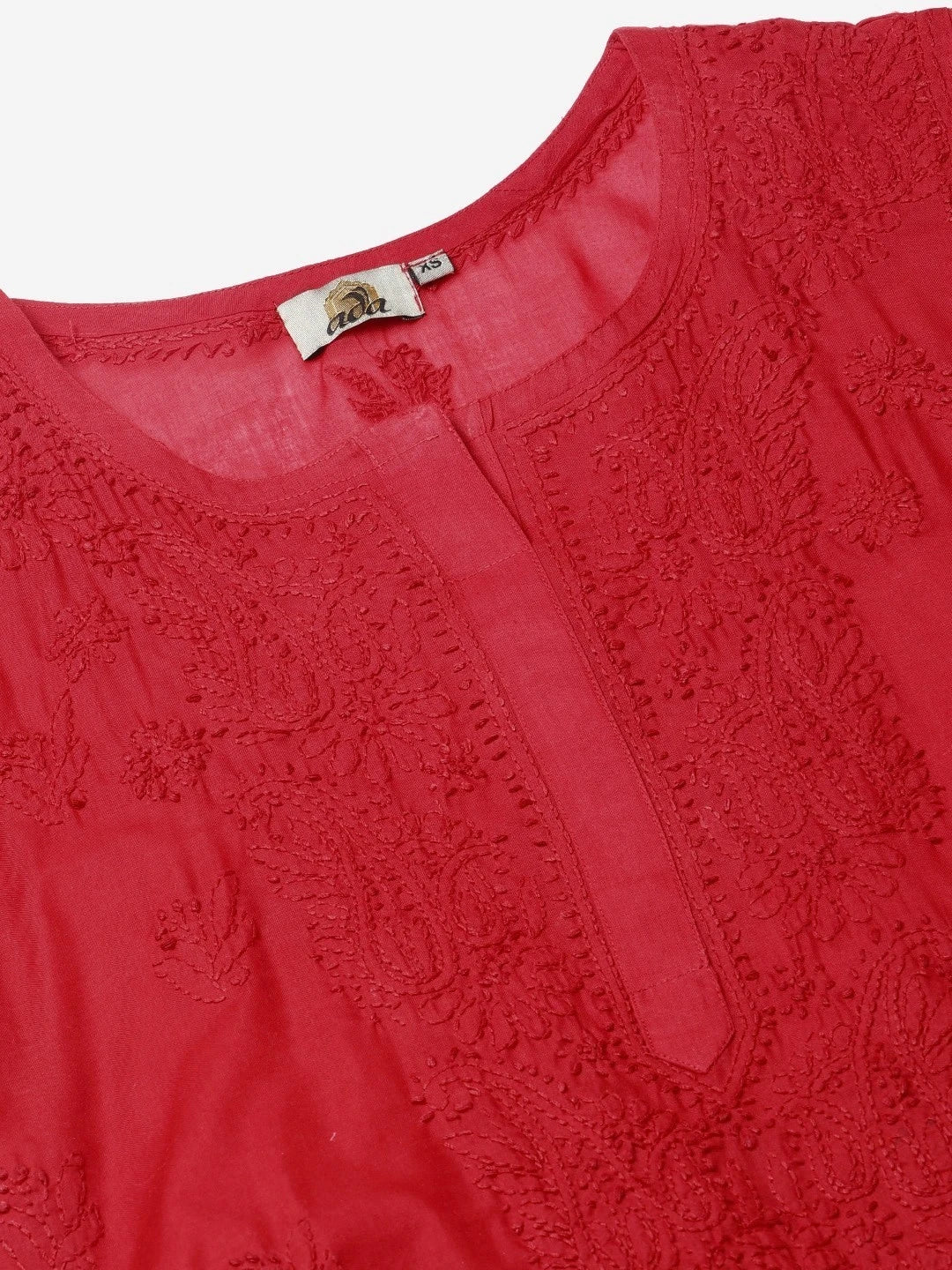 Ada Hand Embroidered Red Cotton Lucknowi Chikankari Kurta A215235