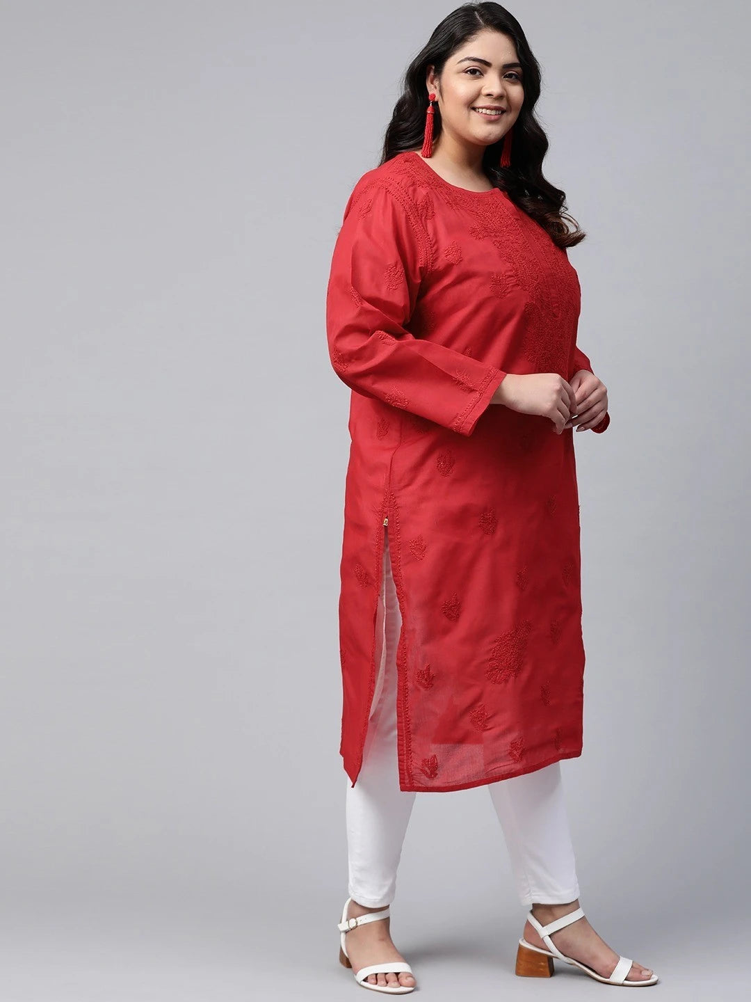Ada Hand Embroidered Red Cotton Lucknowi Chikankari Kurta A215235