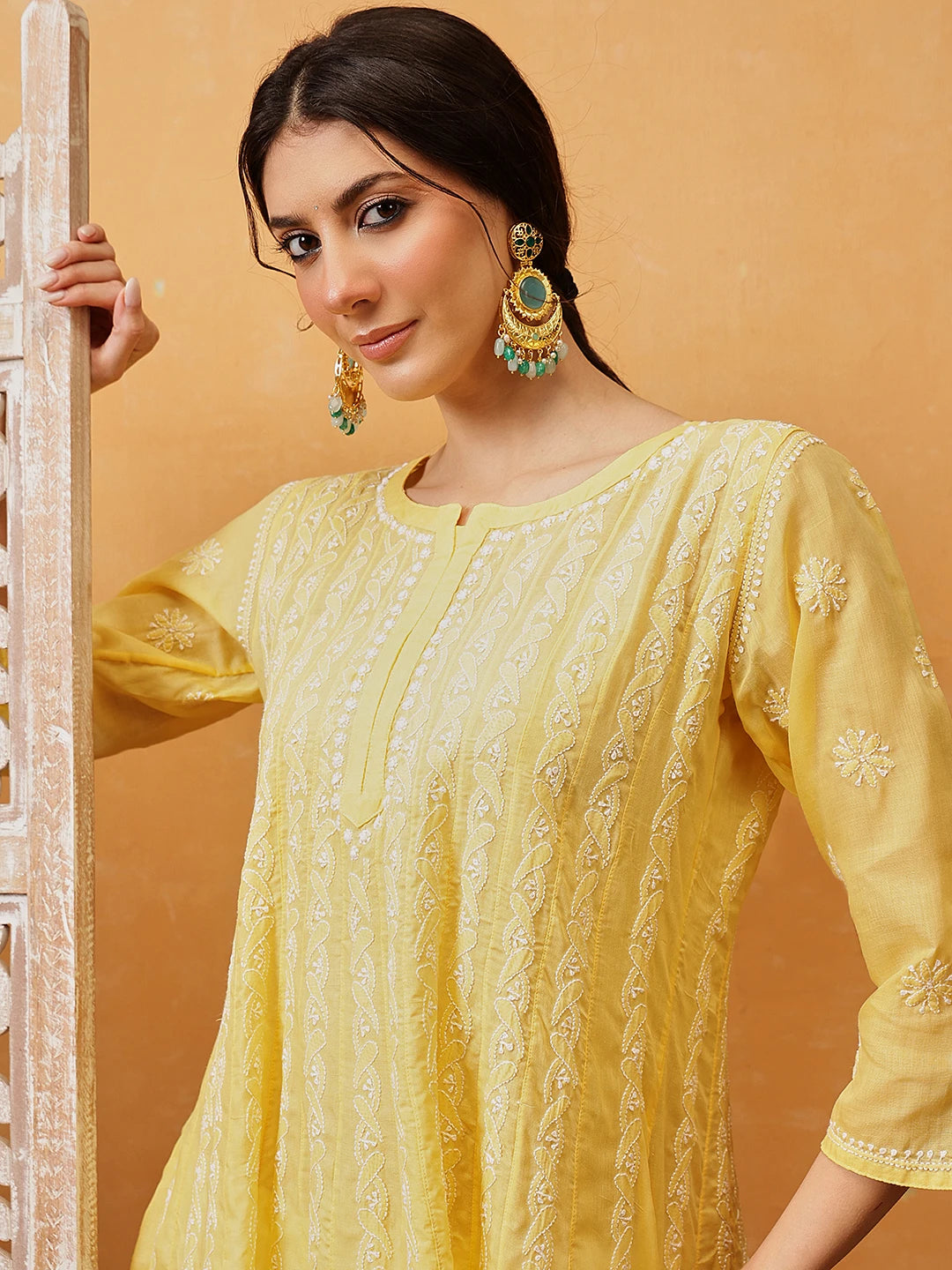 Ada Hand Embroidered Yellow Cotton Lucknowi Chikankari Anarkali A-line Kurta A411746