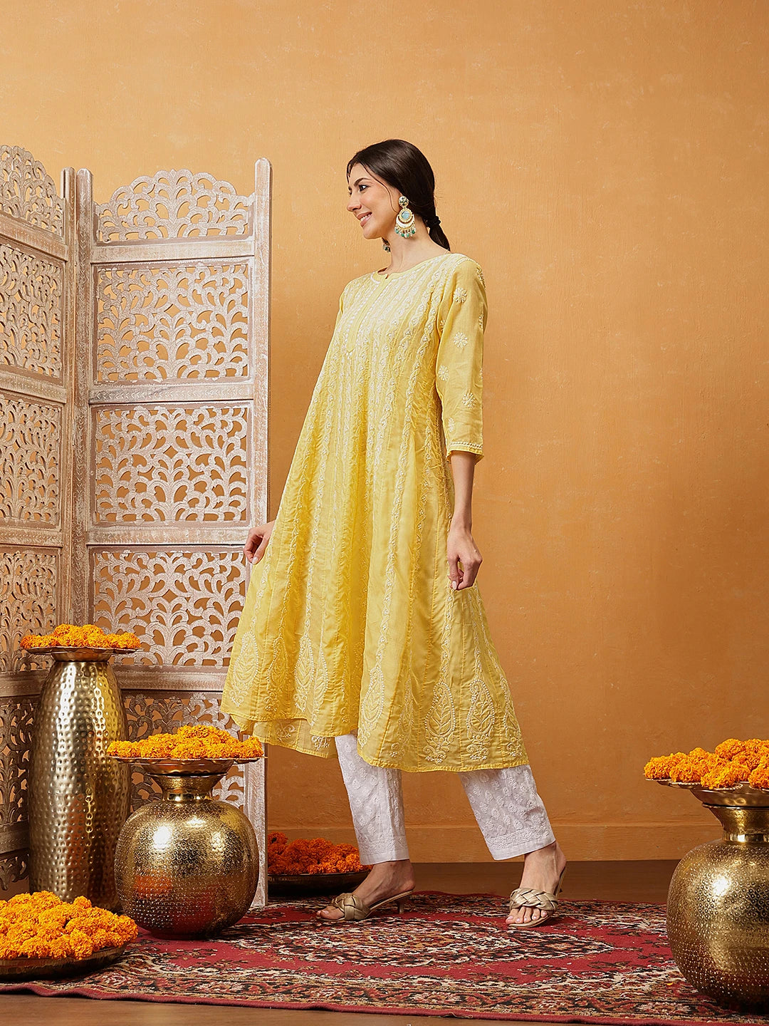 Ada Hand Embroidered Yellow Cotton Lucknowi Chikankari Anarkali A-line Kurta A411746