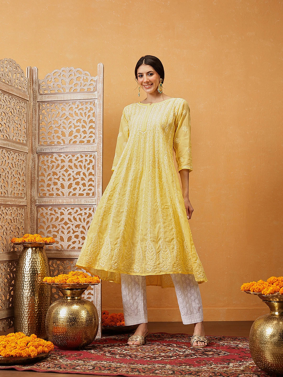 Ada Hand Embroidered Yellow Cotton Lucknowi Chikankari Anarkali A-line Kurta A411746
