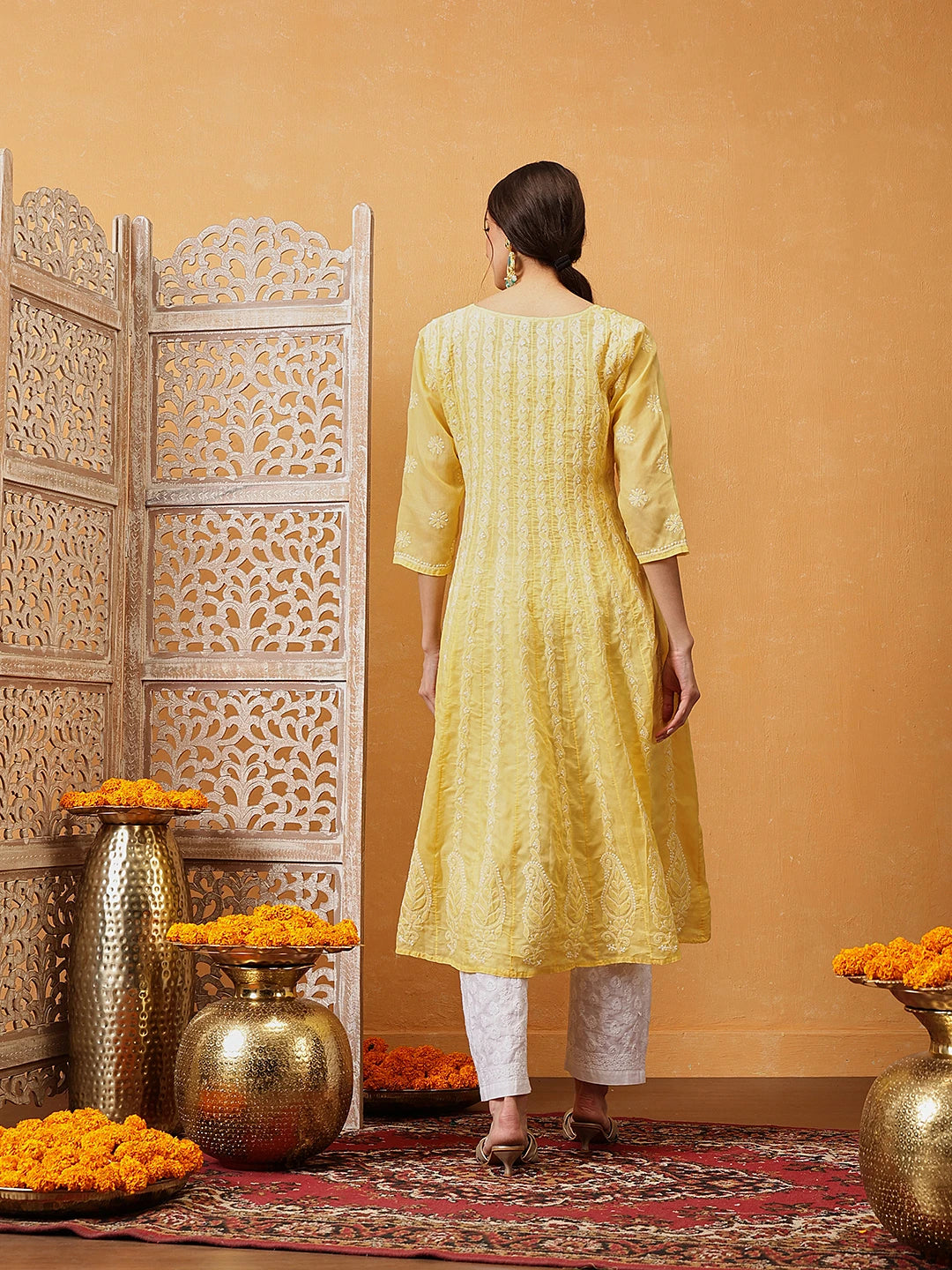Ada Hand Embroidered Yellow Cotton Lucknowi Chikankari Anarkali A-line Kurta A411746