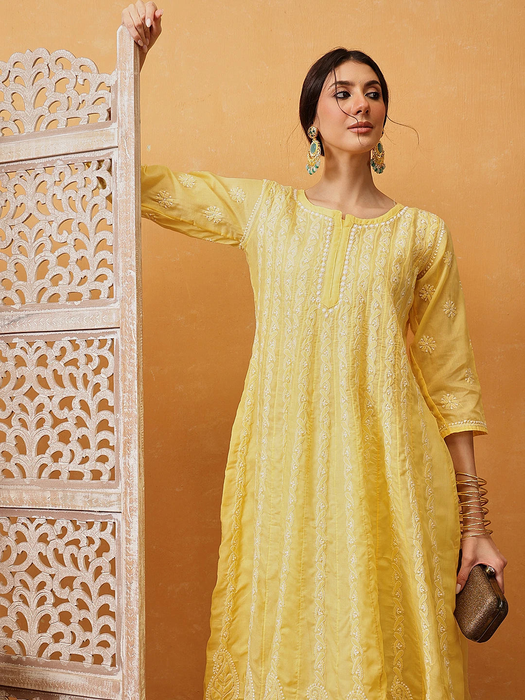 Ada Hand Embroidered Yellow Cotton Lucknowi Chikankari Anarkali A-line Kurta A411746