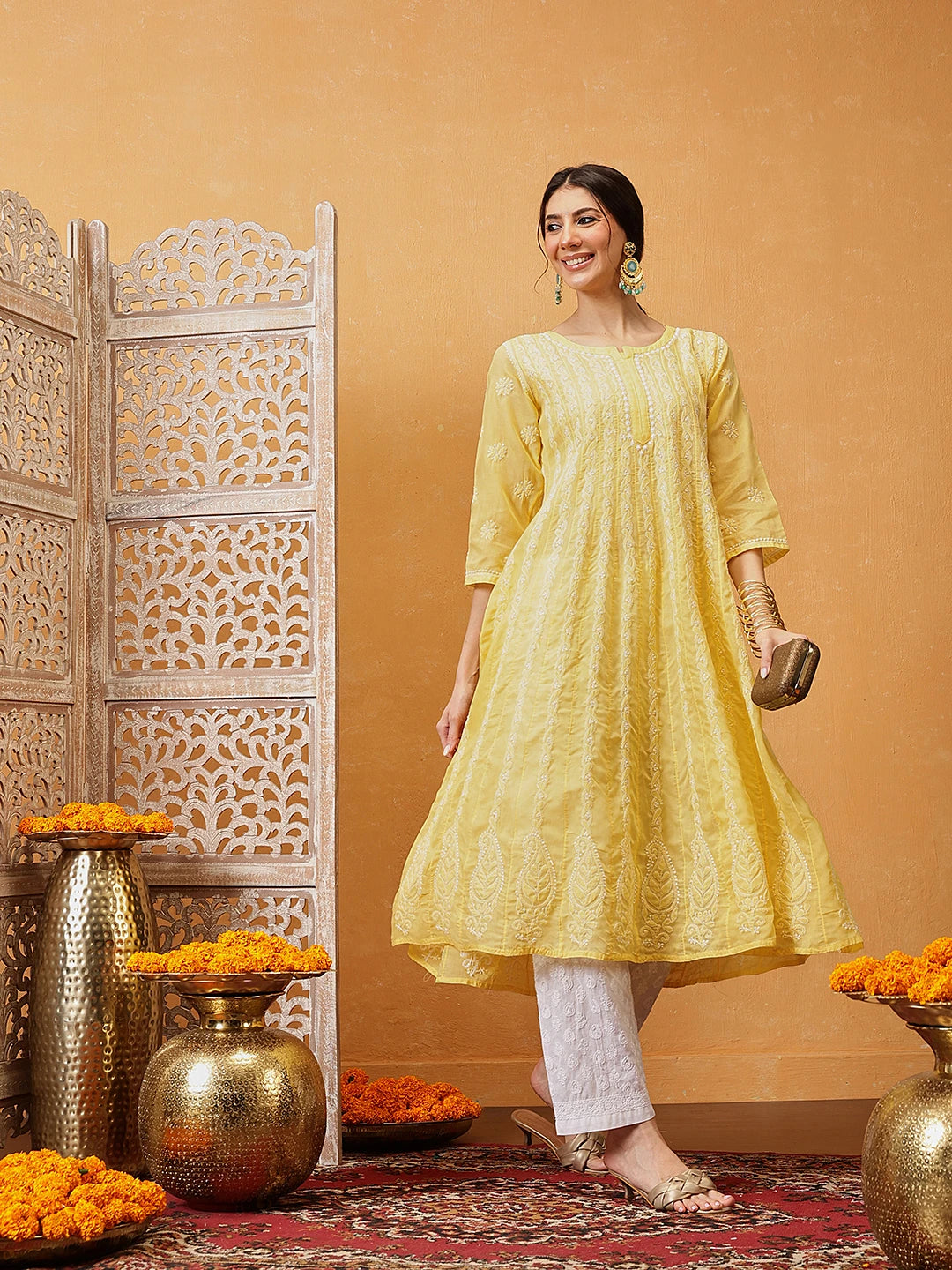 Ada Hand Embroidered Yellow Cotton Lucknowi Chikankari Anarkali A-line Kurta A411746