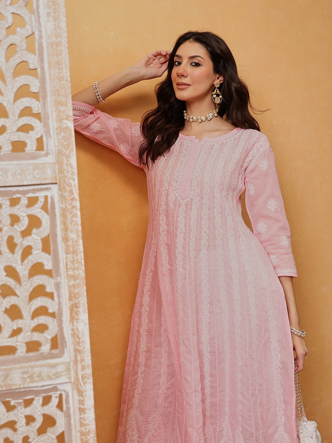 Ada Hand Embroidered Pink Cotton Lucknowi Chikankari Anarkali A-line Kurta A411747