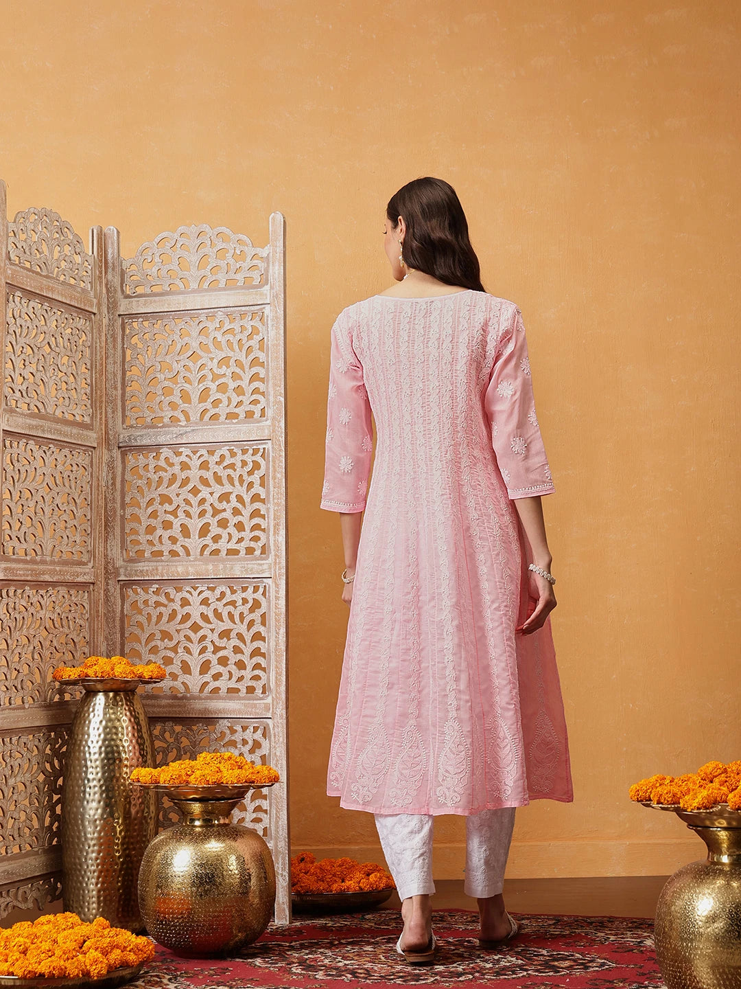 Ada Hand Embroidered Pink Cotton Lucknowi Chikankari Anarkali A-line Kurta A411747
