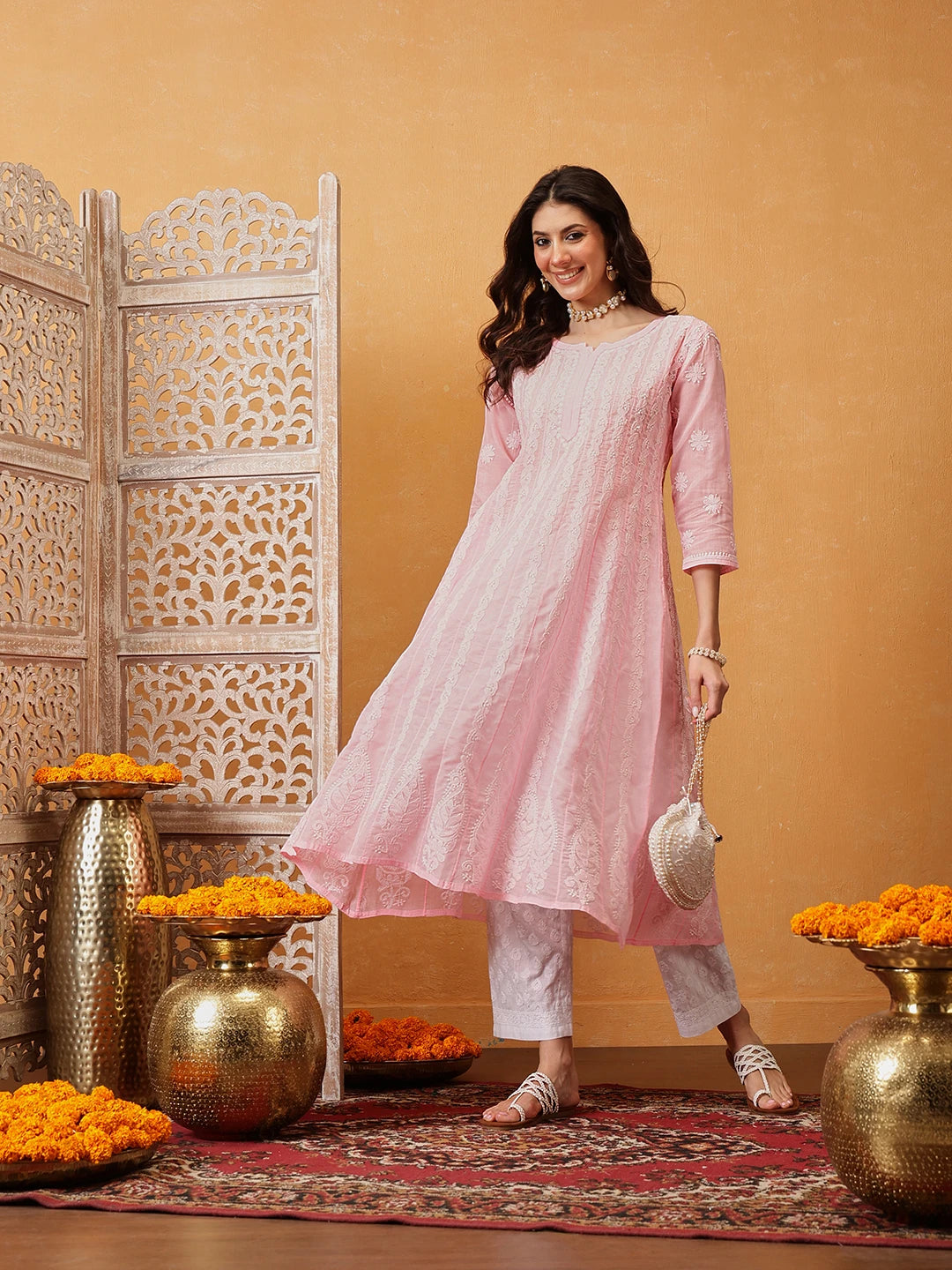 Ada Hand Embroidered Pink Cotton Lucknowi Chikankari Anarkali A-line Kurta A411747