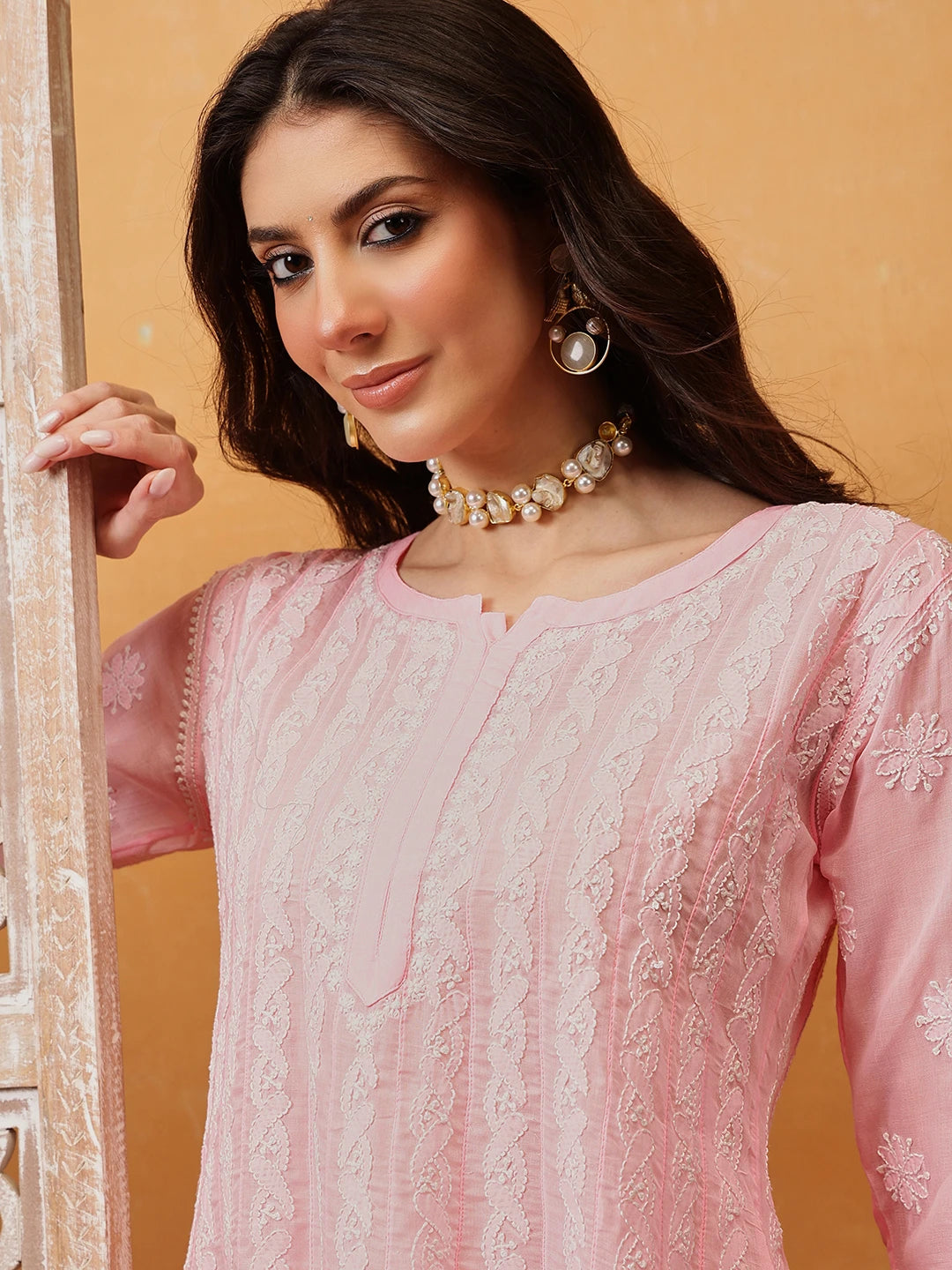 Ada Hand Embroidered Pink Cotton Lucknowi Chikankari Anarkali A-line Kurta A411747