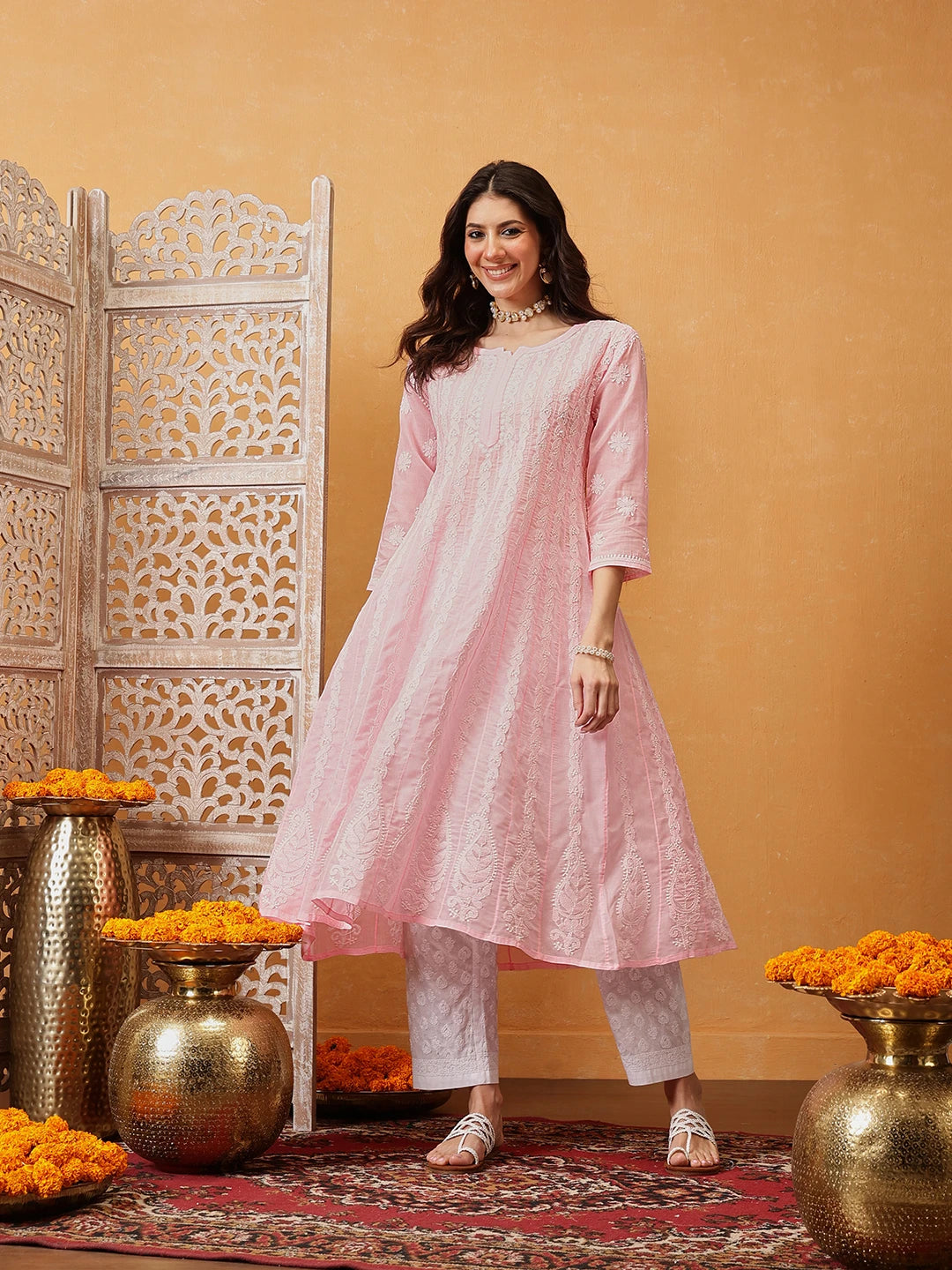 Ada Hand Embroidered Pink Cotton Lucknowi Chikankari Anarkali A-line Kurta A411747