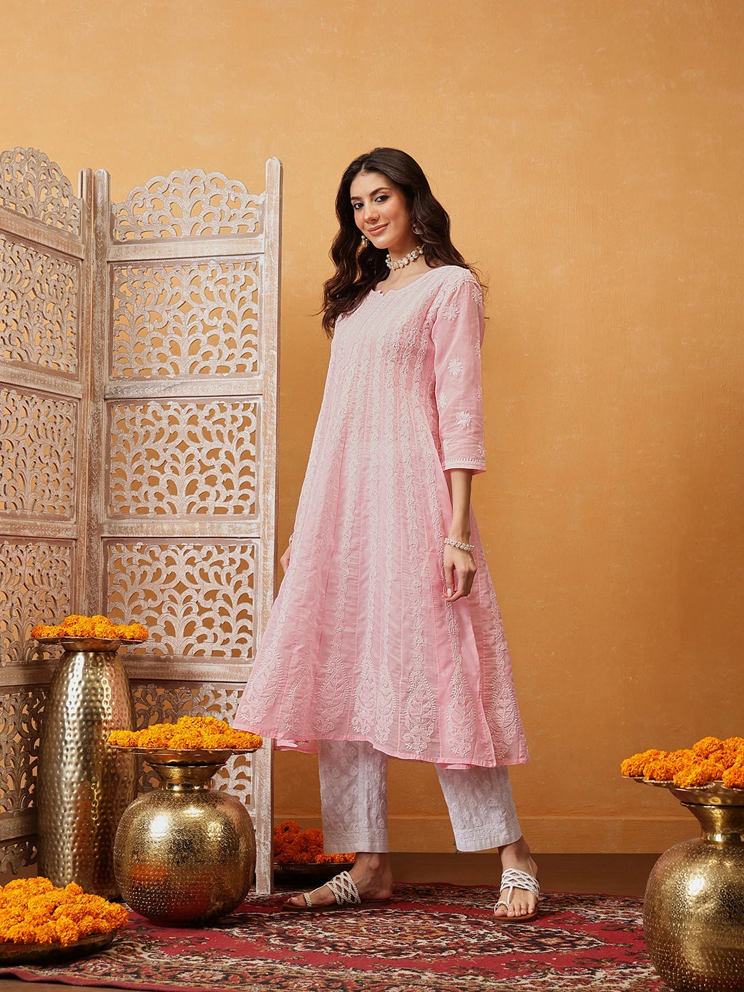Ada Hand Embroidered Pink Cotton Lucknowi Chikankari Anarkali A-line Kurta A411747