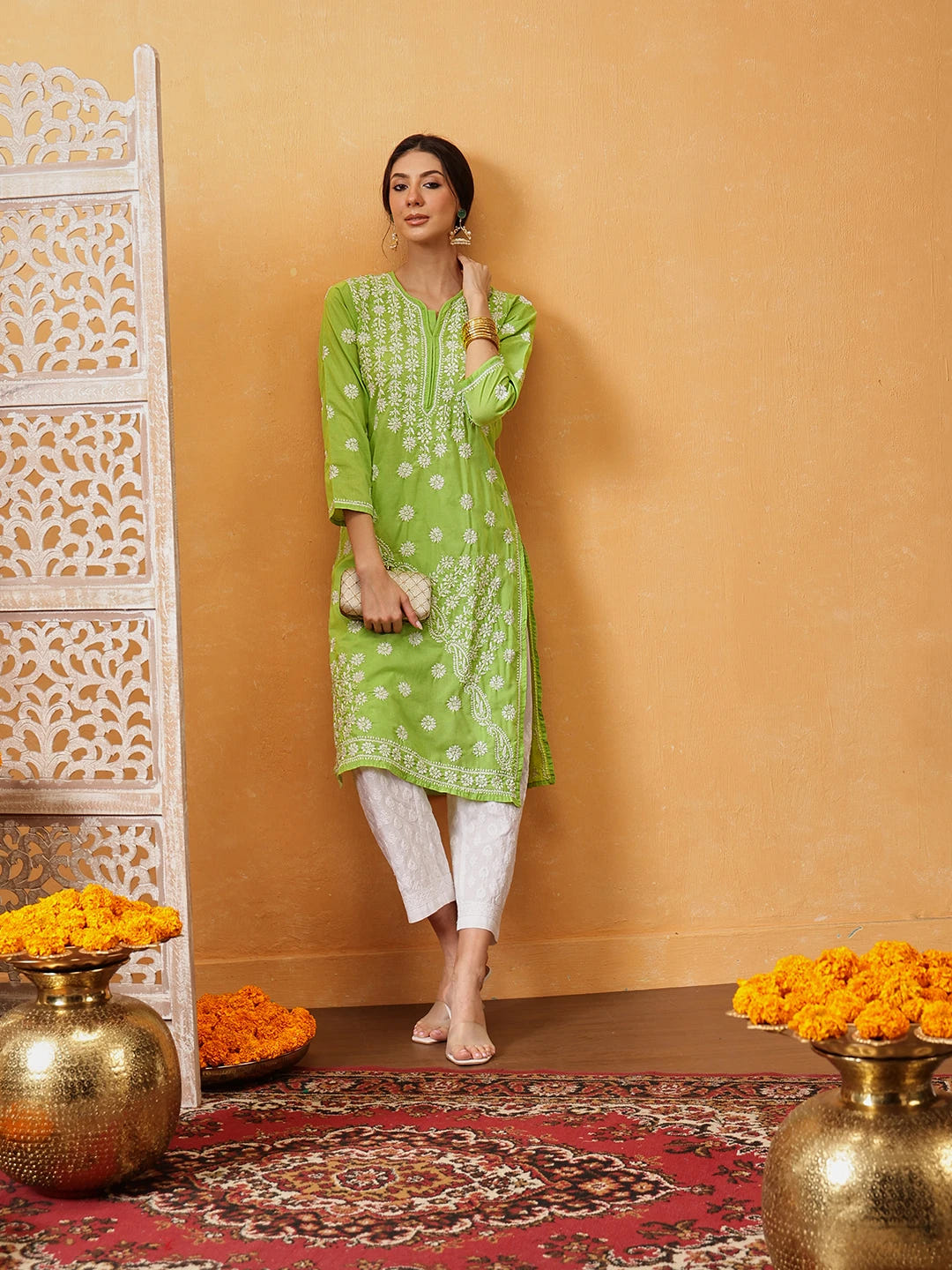 Ada Hand Embroidered Green Cotton Lucknowi Chikankari Straight Kurta  A196423