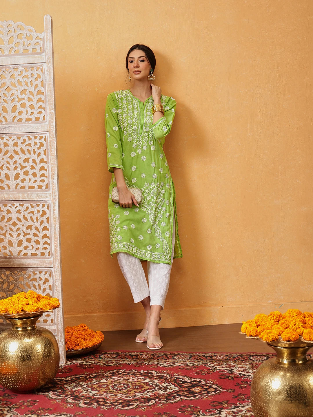 Ada Hand Embroidered Green Cotton Lucknowi Chikankari Straight Kurta  A196423