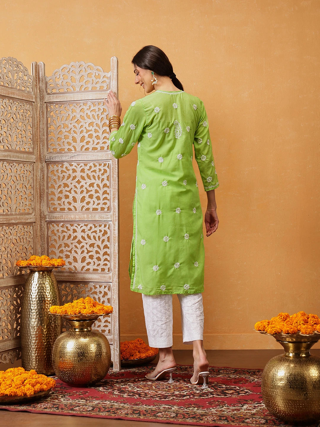 Ada Hand Embroidered Green Cotton Lucknowi Chikankari Straight Kurta  A196423