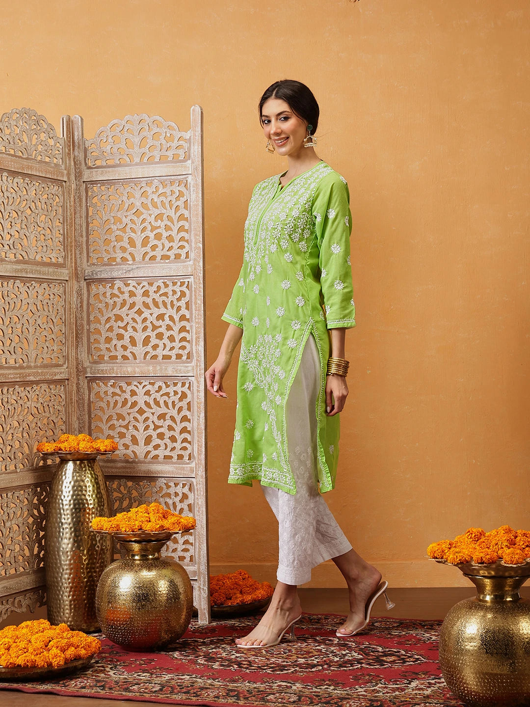 Ada Hand Embroidered Green Cotton Lucknowi Chikankari Straight Kurta  A196423