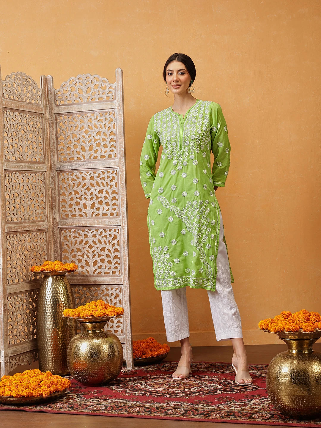 Ada Hand Embroidered Green Cotton Lucknowi Chikankari Straight Kurta  A196423