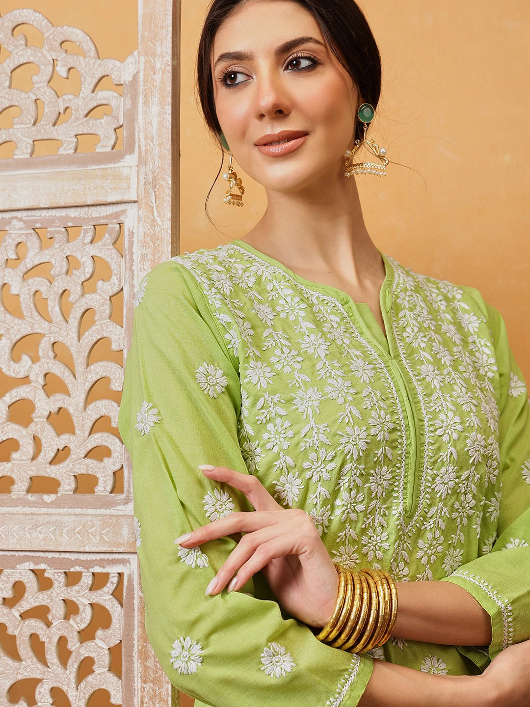 Ada Hand Embroidered Green Cotton Lucknowi Chikankari Straight Kurta  A196423
