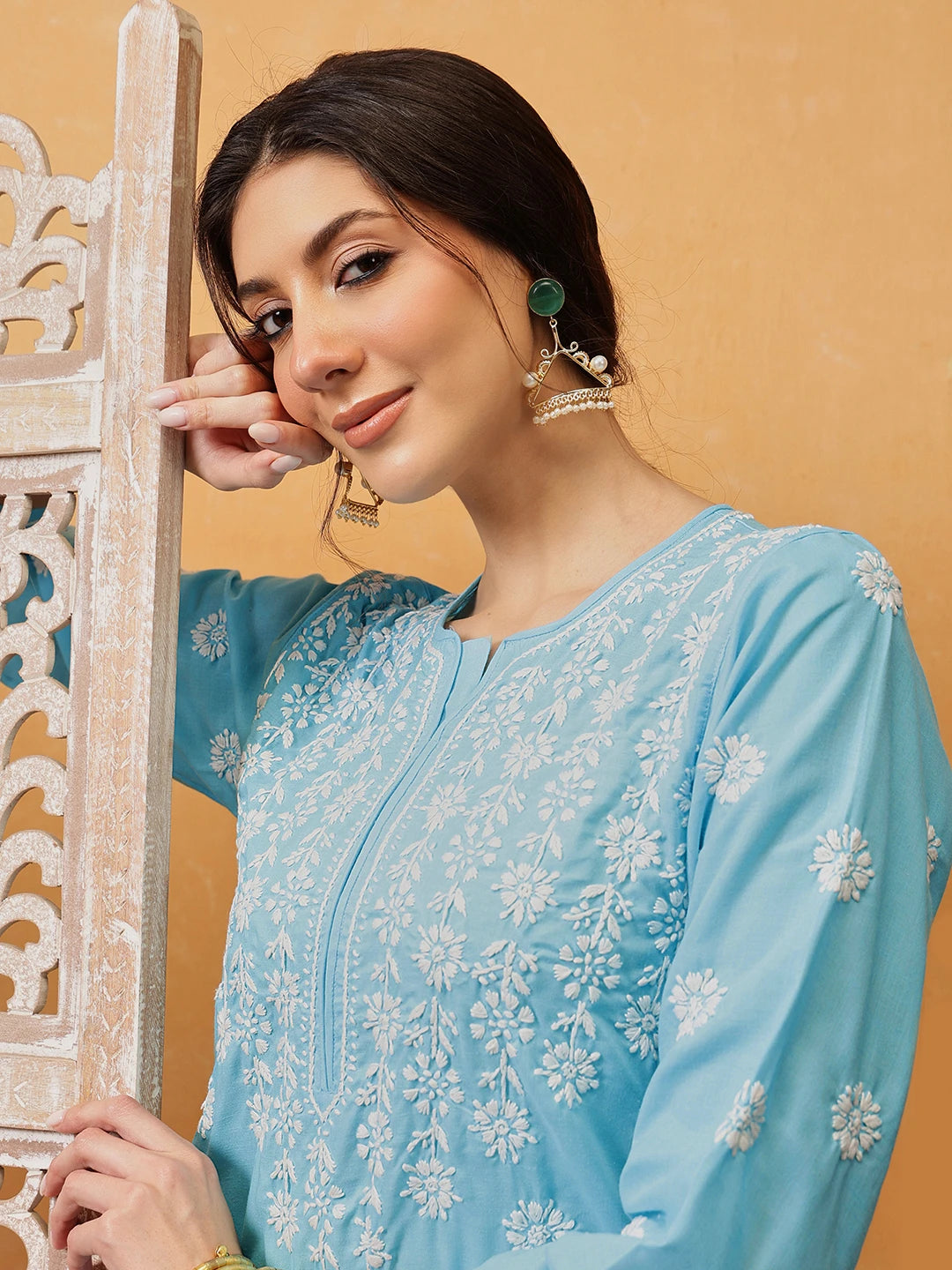 Ada Hand Embroidered Blue Cotton Lucknowi Chikankari Straight Kurta A196337