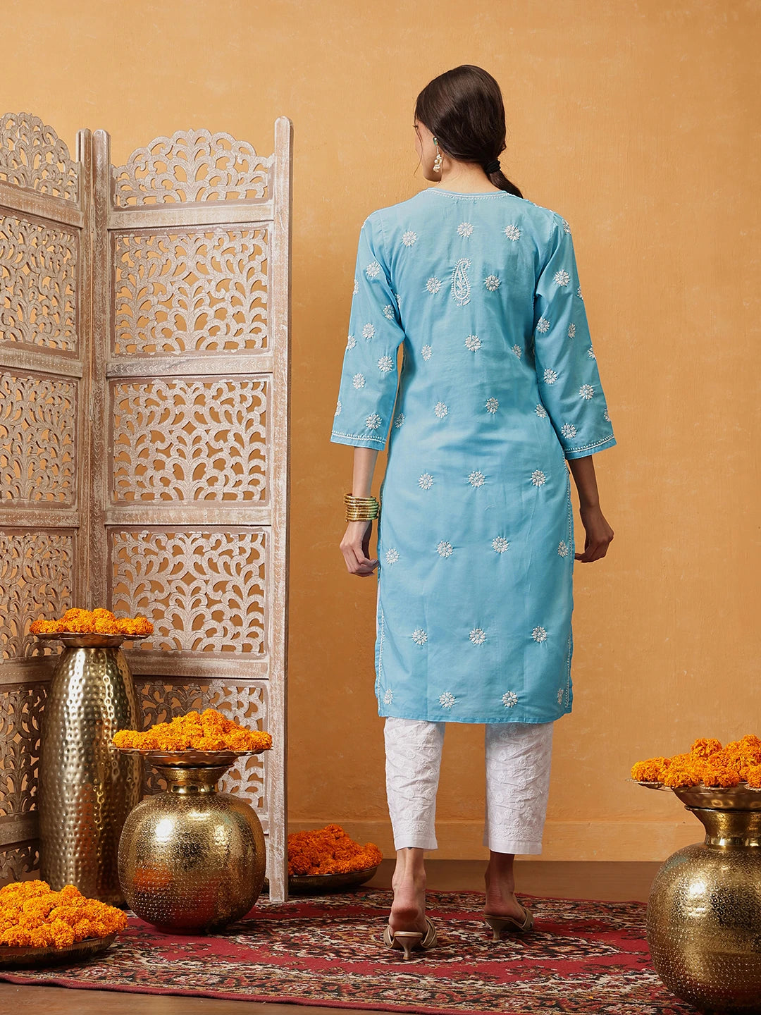 Ada Hand Embroidered Blue Cotton Lucknowi Chikankari Straight Kurta A196337