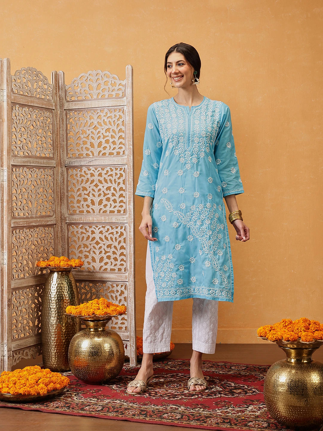 Ada Hand Embroidered Blue Cotton Lucknowi Chikankari Straight Kurta A196337