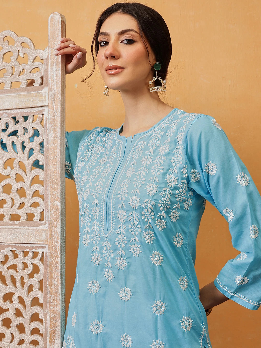 Ada Hand Embroidered Blue Cotton Lucknowi Chikankari Straight Kurta A196337