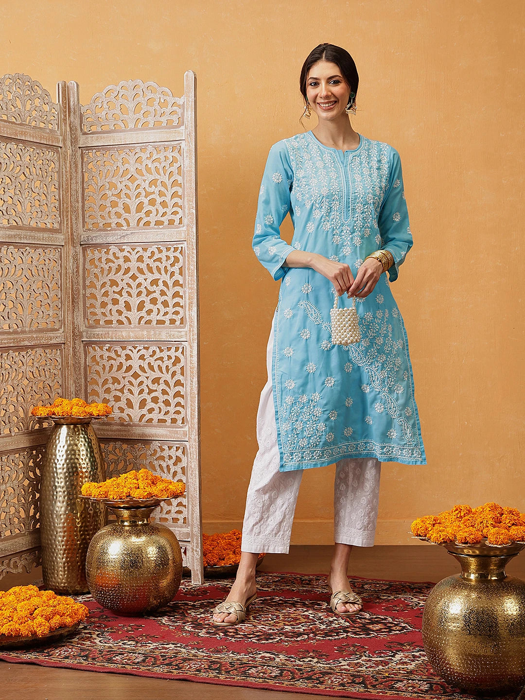 Ada Hand Embroidered Blue Cotton Lucknowi Chikankari Straight Kurta A196337