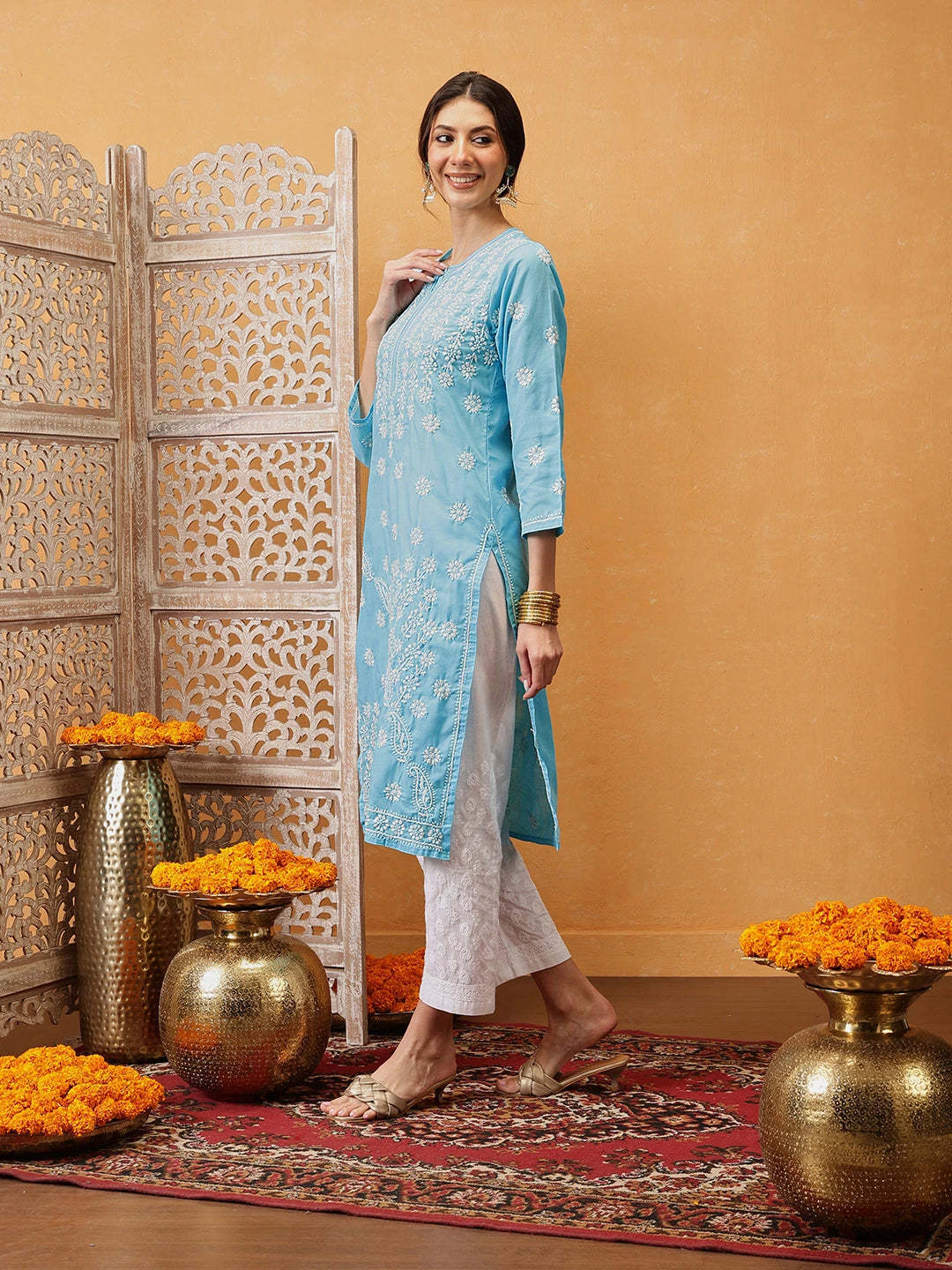 Ada Hand Embroidered Blue Cotton Lucknowi Chikankari Straight Kurta A196337