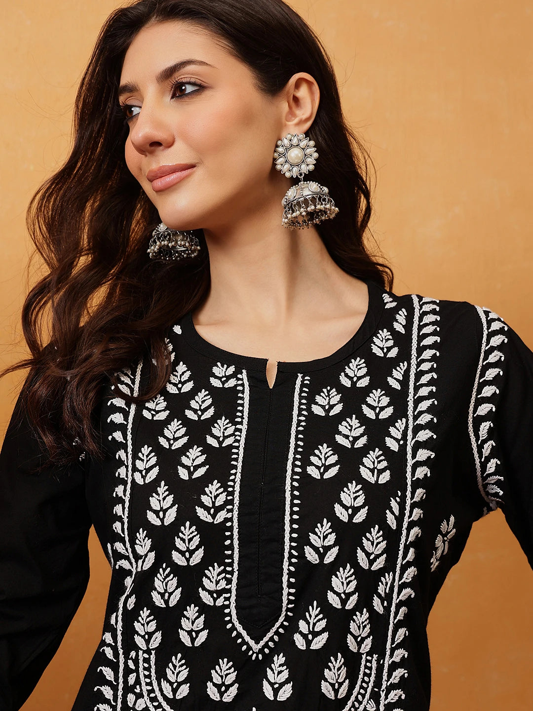Ada Hand Embroidered Black Cotton Lucknowi Chikankari Straight Kurta A411751